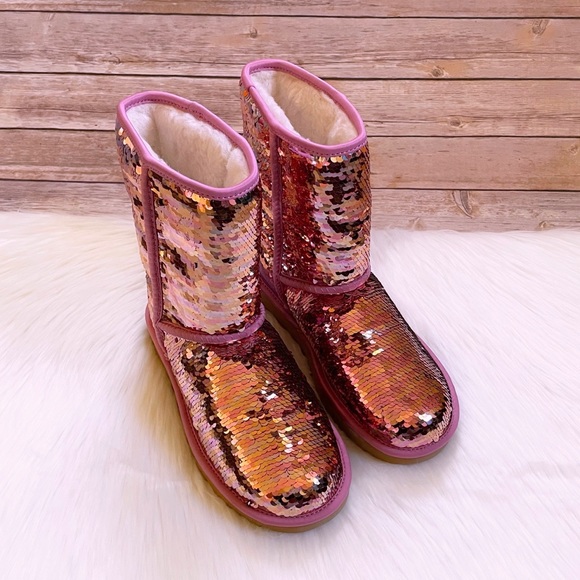UGG Women’s Classic Short Sequin Pink Boots - Picture 5 of 8